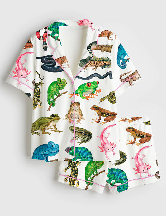 Women's Watercolor Reptile Amphibians Frogs Snakes Lizards Chameleons Crocodile Back to School Short Sleeve Satin Pajama Set