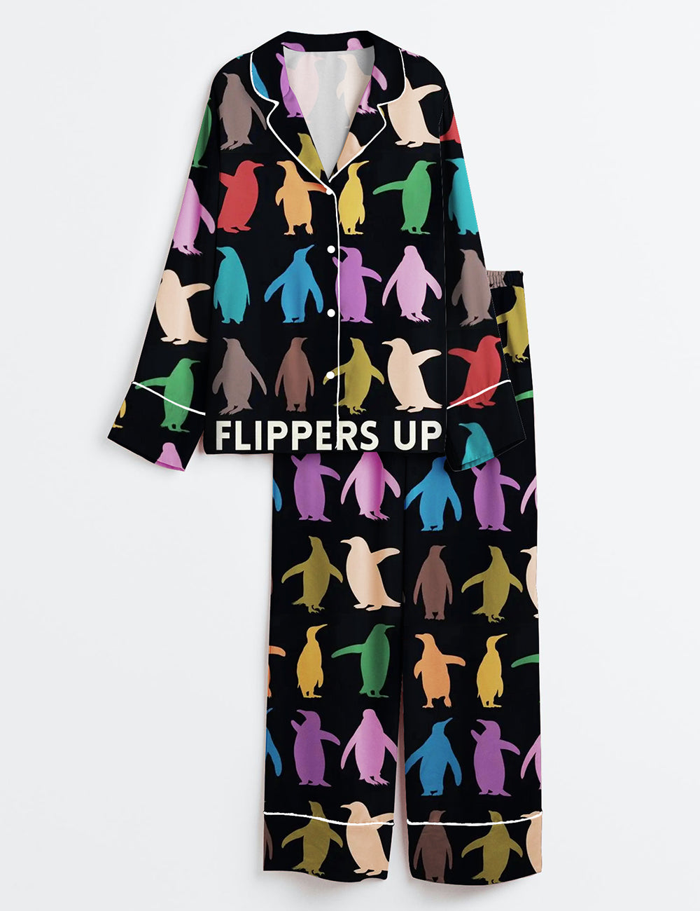 Women’s Resist Flippers Up Penguins Against Print Long Sleeve Satin Pajama Set