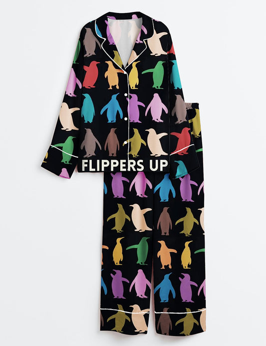 Women’s Resist Flippers Up Penguins Against Print Long Sleeve Satin Pajama Set
