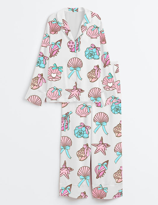 Women’s Retro Coquette Seashell Coastal Summer Sea Shell With Bow Preppy Fisherman Aesthetic Print Long Sleeve Satin Pajama Set