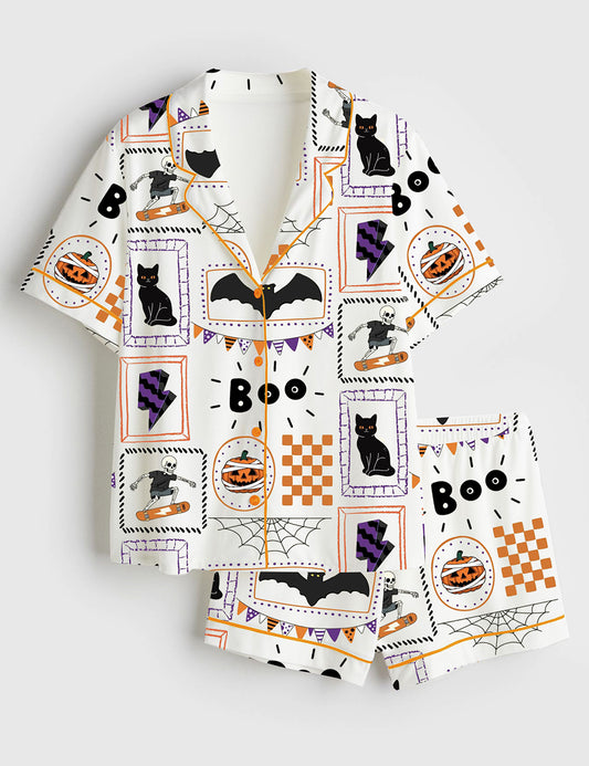 Women’s Skeleton Halloween Pumpkin Halloween Bat Ghost Boo Cat Print Short Sleeve Satin Pajama Set