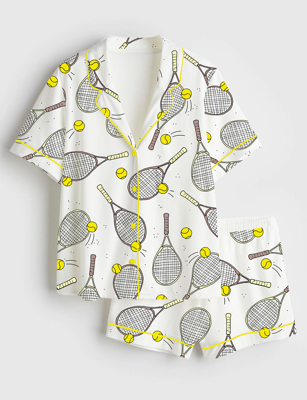Women’s Tennis And Tennis Ball Racket Short Sleeve Satin Pajama Set