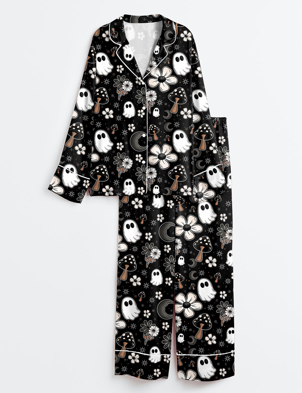 Women’s Halloween Cute Ghost Halloween Mushroom Flowers Print Long Sleeve Satin Pajama Set