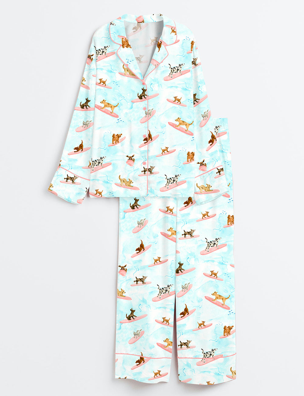 Women’s Dogs Surfing Summer Print Long Sleeve Satin Pajama Set