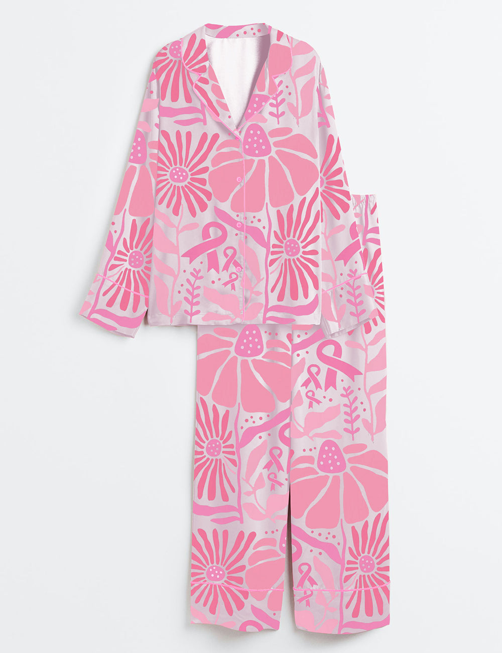 Women’s Breast Cancer Awareness Boho Floral Pink Ribbon Long Sleeve Satin Pajama Set