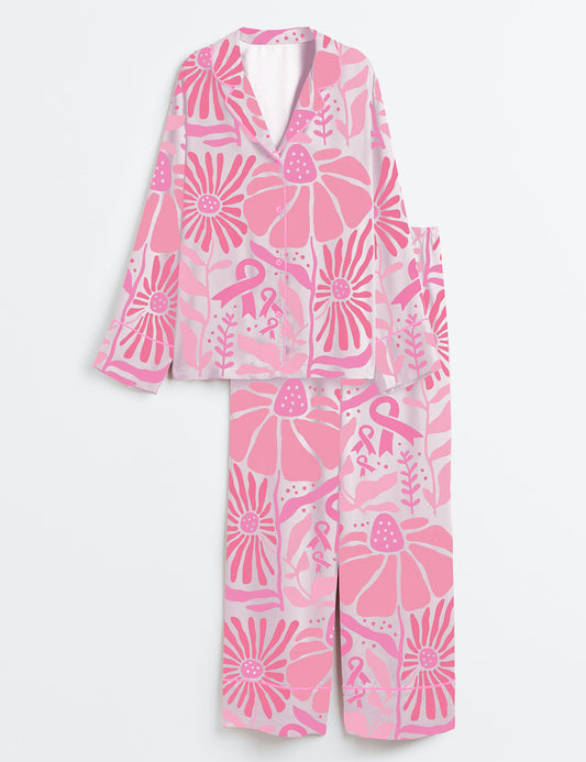 Women’s Breast Cancer Awareness Boho Floral Pink Ribbon Long Sleeve Satin Pajama Set