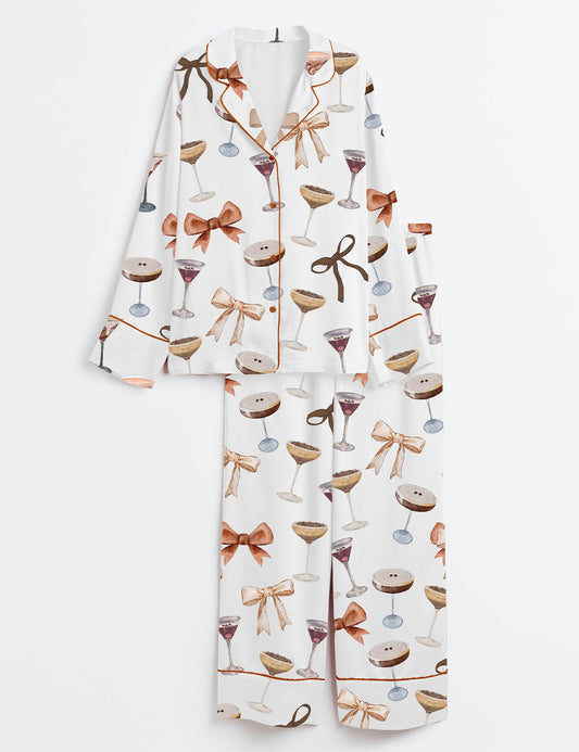 Women's Espresso Martini Coquette Bow Long Sleeve Satin Pajama Set