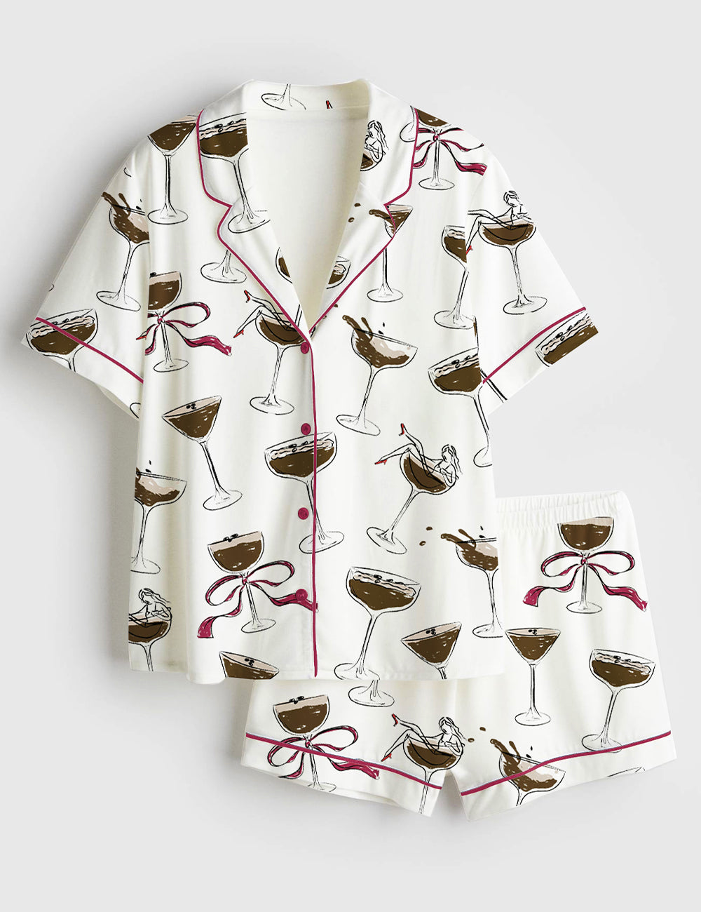 Women's Hand Drawn Espresso Martini Color Short Sleeve Satin Pajama Set