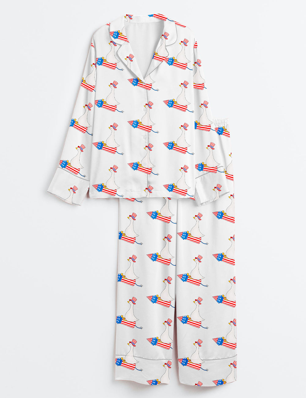Women’s Funny 4th Of July Funny Goose Independence Day  USA Patriotic Firequacker Print Long Sleeve Satin Pajama Set