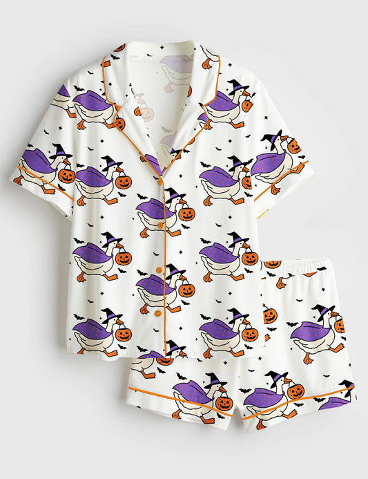 Women’s Spooky Goose On The Loose Halloween Witchy Fall Funny Goose Short Sleeve Satin Pajama Set