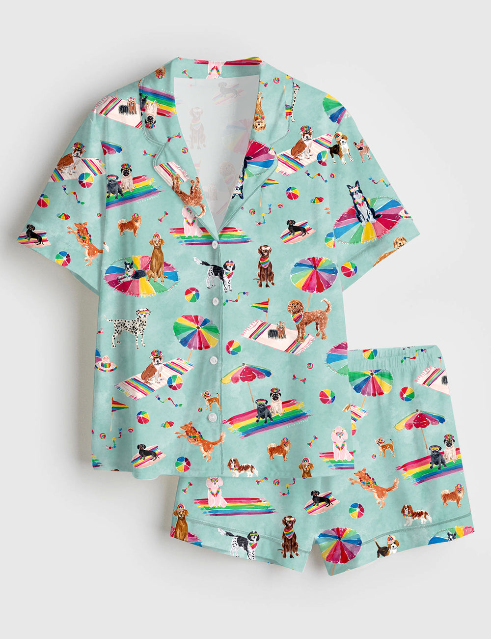 Women’s Rainbow Pride Summer Beach Dog Short Sleeve Satin Pajama Set