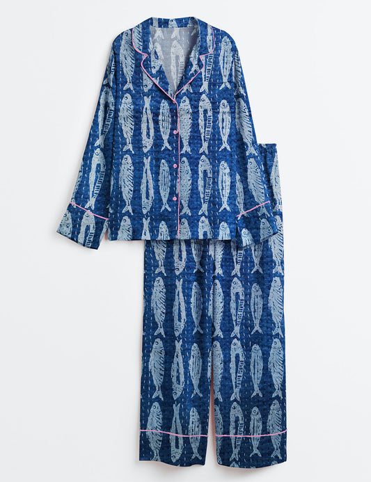 Women’s Indigo Blue Fish Boho Long Sleeve Satin Pajama Set