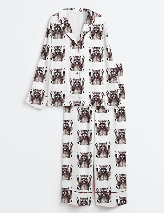 Women's Unhinged and Feral Racoon Long Sleeve Satin Pajama Set