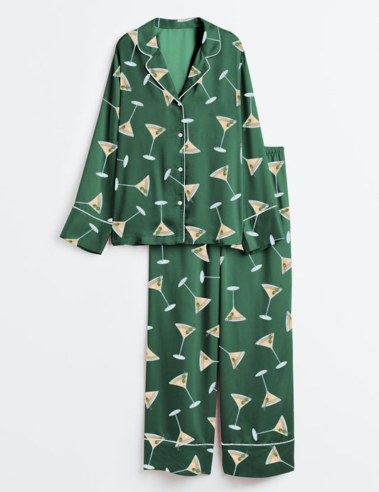 Women’s Martini Cocktail Long Sleeve Satin Pajama Set