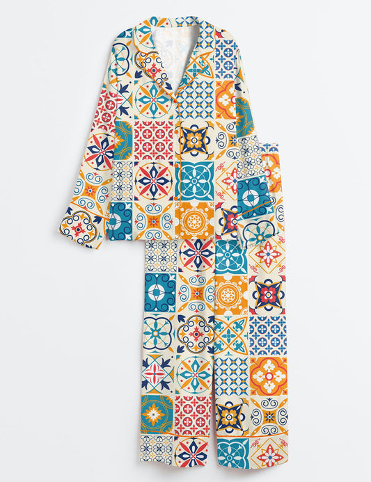 Women’s Mediterranean Coastal Aesthetic Long Sleeve Satin Pajama Set