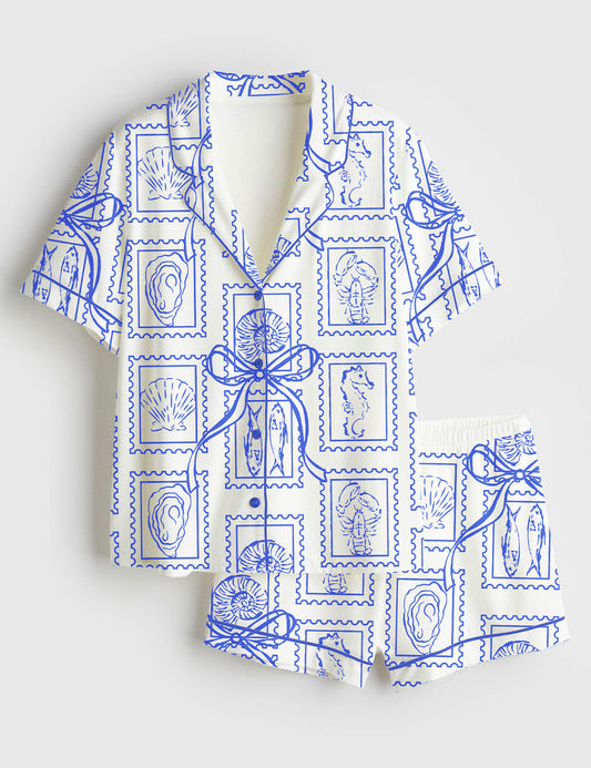 Women’s Summer Oyster Coastal Trendy Summer Beach Aesthetic Summer Print Short Sleeve Satin Pajama Set