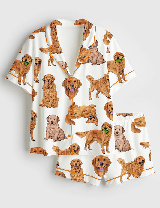 Women's Golden Retriever Dog Lover Short Sleeve Satin Pajama Set