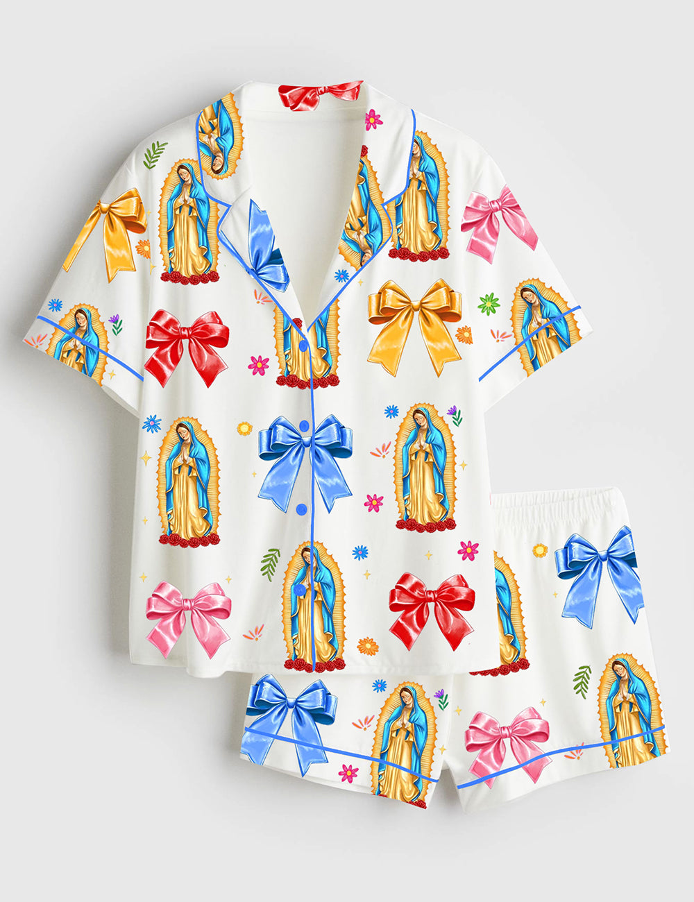 Women’s Our Lady Of Guadalupe Religious Latina Catholic Guadalupe Coquette Bow Short Sleeve Satin Pajama Set