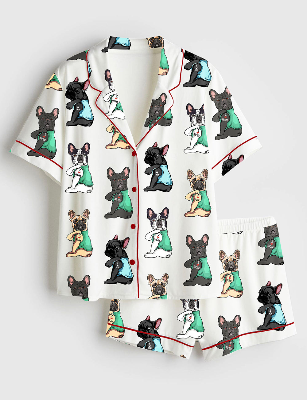 Women’s French Bulldog I Love Mom Frenchie Mom Cute Frenchie Bulldog Print Short Sleeve Satin Pajama Set