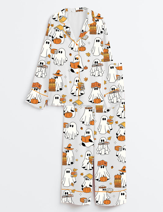 Women’s Ghost Books Halloween Long Sleeve Satin Pajama Set