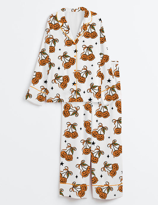 Women’s Halloween Pumpkin Cheeries Coquette Long Sleeve Satin Pajama Set