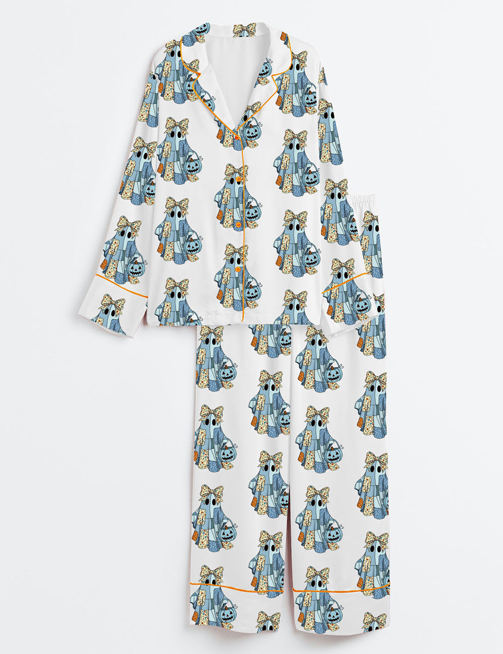 Women’s Retro Halloween Blue Denim Ghost Trendy Patchwork Spooky Ghost Long Sleeve Satin Pajama Set