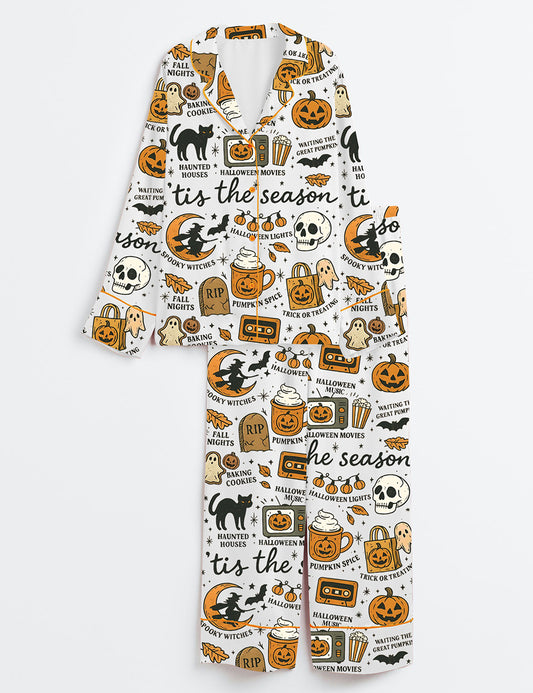 Women’s Retro Halloween Ghost Boho Autumn Spooky Season Long Sleeve Satin Pajama Set