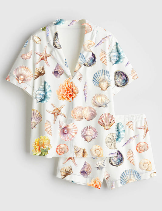 Women’s Ocean Sea Shell Beach Wedding Coastal Summer Beach Print Short Sleeve Satin Pajama Set