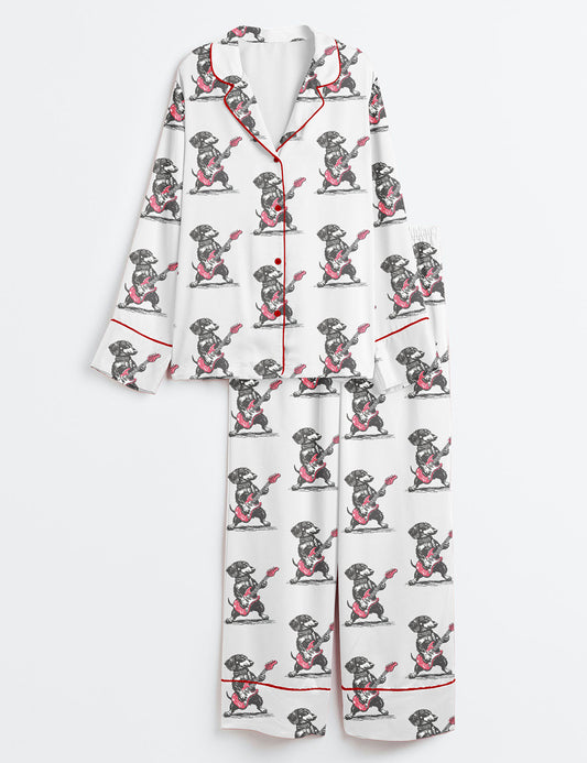 Women’s Rock Doxie Vintage Dachshund Weenie Playing Guitar Funny Wiener Dog Rocker Print Long Sleeve Satin Pajama Set