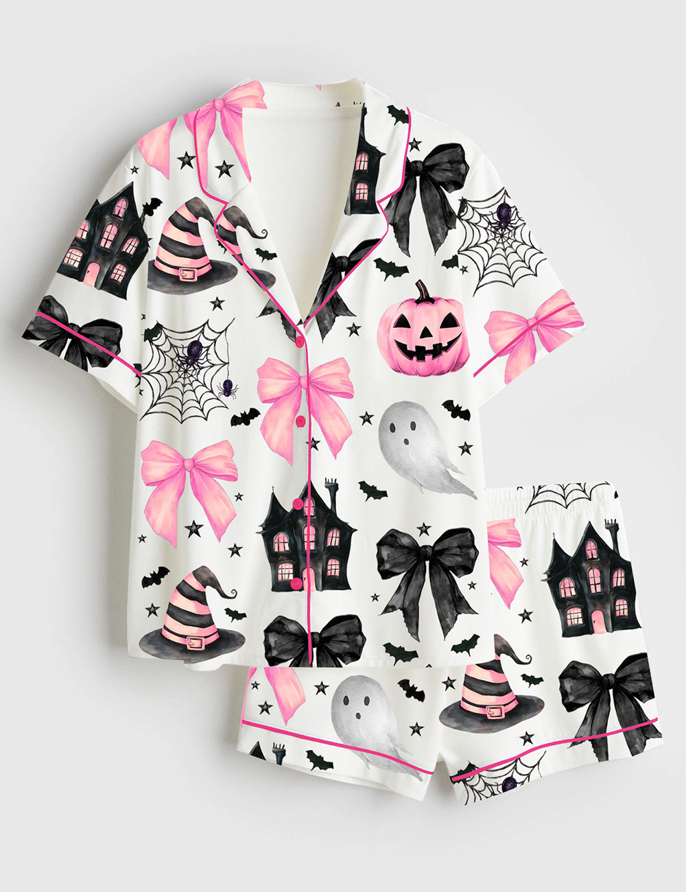 Women’s Halloween Pumpkin Pink Bows Spooky Spiders Ghost Haunted House Short Sleeve Satin Pajama Set