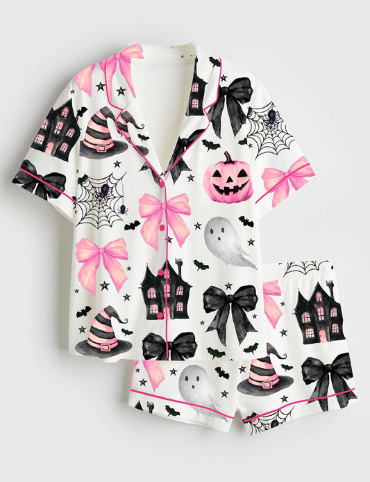 Women’s Halloween Pumpkin Pink Bows Spooky Spiders Ghost Haunted House Short Sleeve Satin Pajama Set