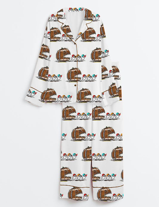 Women’s Retro Halloween Pumpkin Football Touchdown Season Fall Football Chasing Ghost Long Sleeve Satin Pajama Set