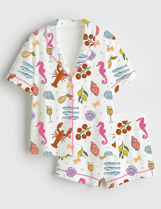 Women’s Italian Summer Beach Mediterranean La Dolce Vita European Coastal Print Short Sleeve Satin Pajama Set