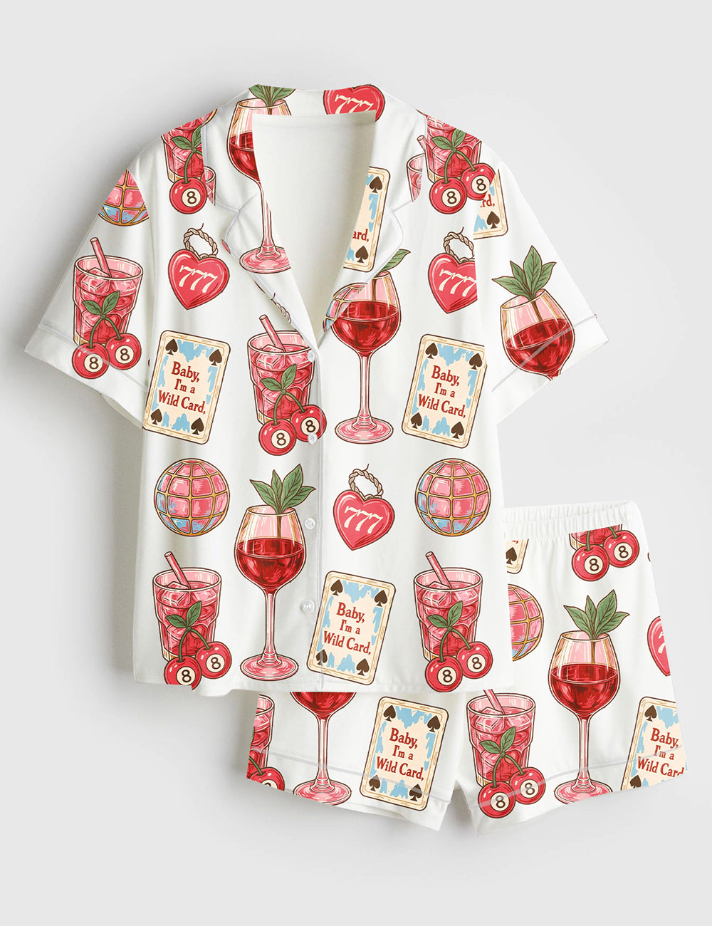 Women’s Western Wild Card Cherry Retro Coquette Western Collage Trendy Western Print Short Sleeve Satin Pajama Set