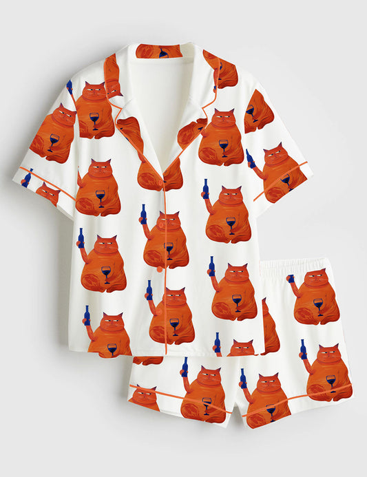 Women’s Cat Wine Cheers Short Sleeve Satin Pajama Set