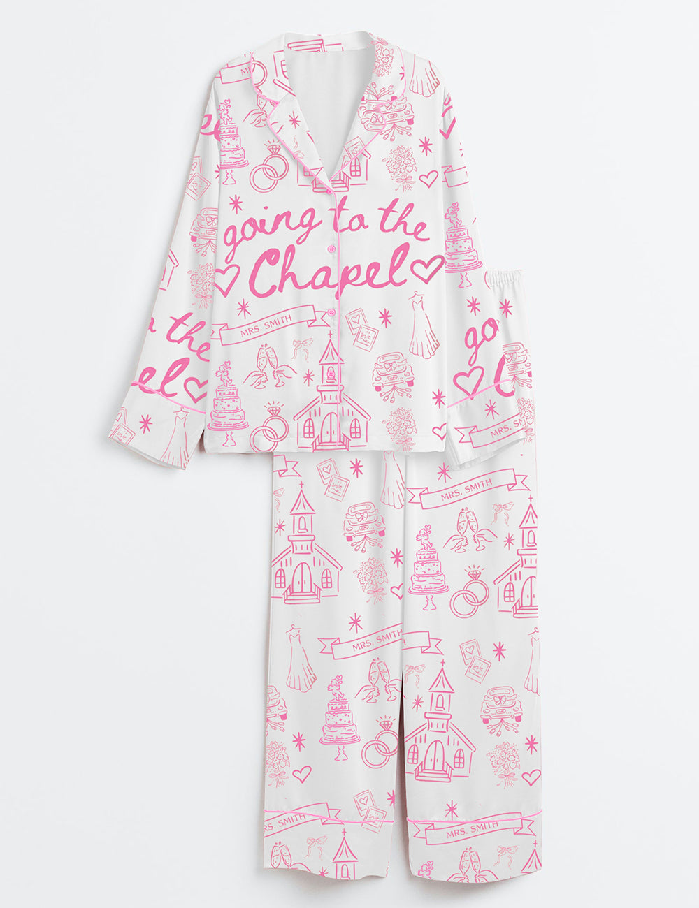 Women’s Going To The Chapel Gonna Get Married Coquette Wedding Bride Long Sleeve Satin Pajama Set