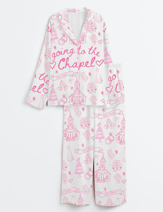 Women’s Going To The Chapel Gonna Get Married Coquette Wedding Bride Long Sleeve Satin Pajama Set