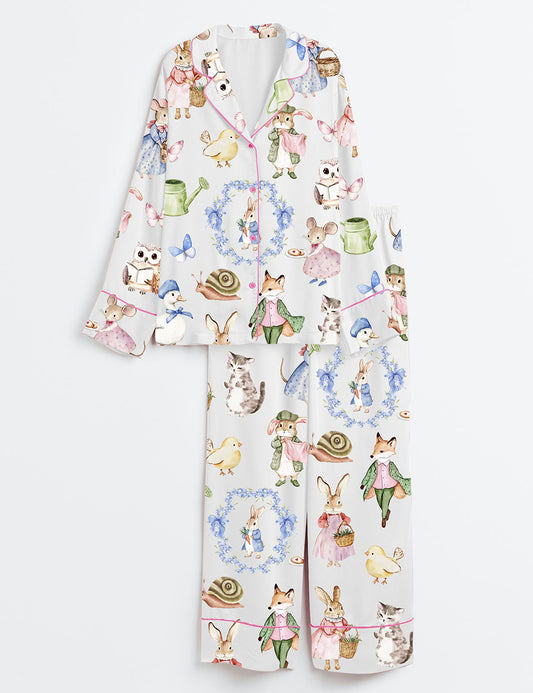 Women’s Vintage Bunnies Cottagecore Rabbits Cute Easter Watercolor Spring Print Long Sleeve Satin Pajama Set