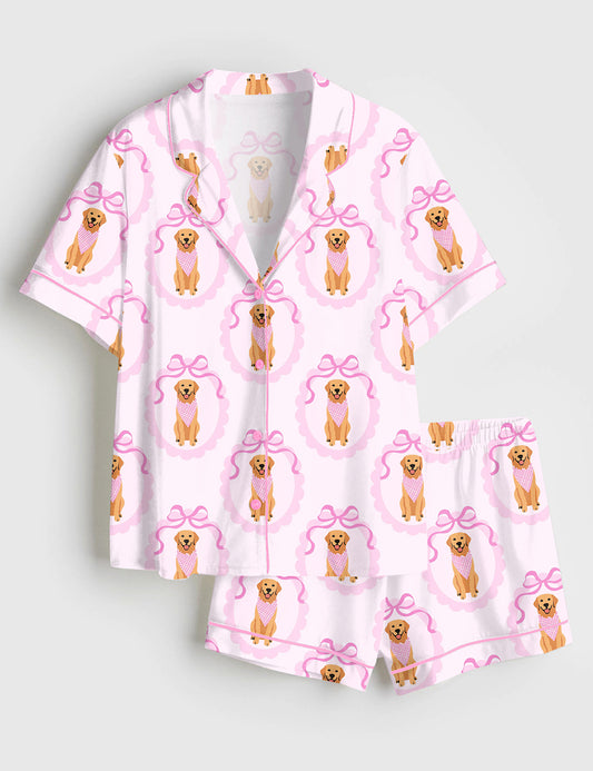 Women’s Cute Golden Retriever Coquette Pink Bows Girly Gingham Scallops Print Short Sleeve Satin Pajama Set