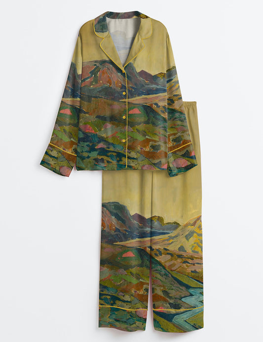 Women’s Midcentury Modern Western Landscape Vintage California Colorado Print Long Sleeve Satin Pajama Set