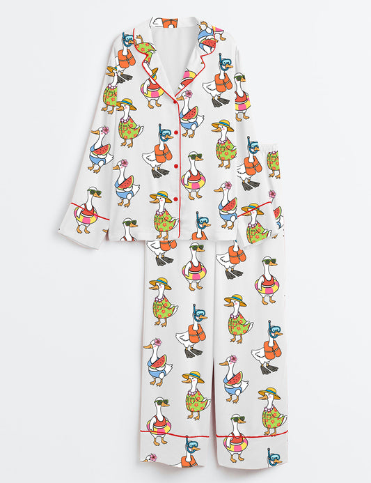Women’s Just A Silly Goose Summer Cute Retro Goose Print Long Sleeve Satin Pajama Set