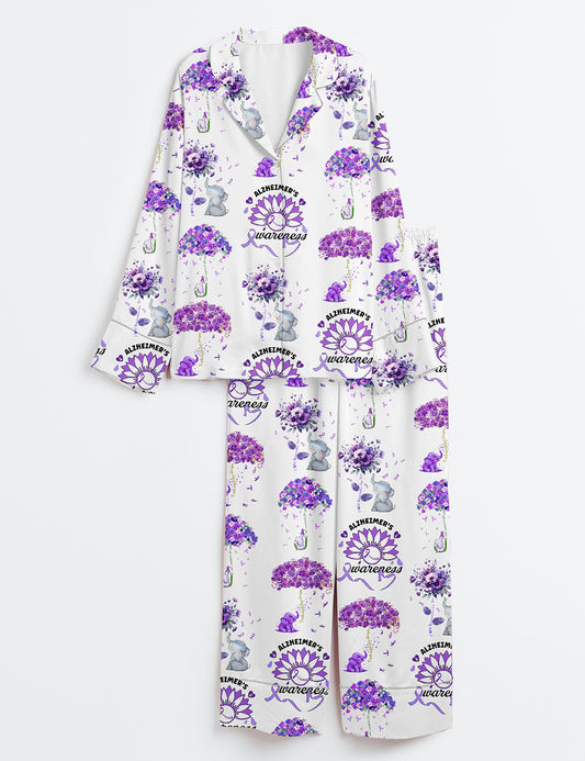 Women’s Alzheimer's Awareness Purple Ribbon Alzheimer's Support Purple Flowers Long Sleeve Satin Pajama Set