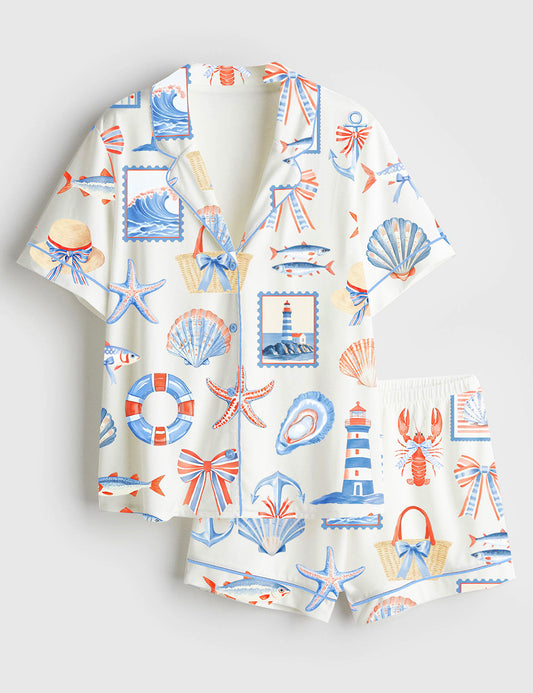 Women’s Fisherman Travel Aesthetic Coastal Coquette Fisherman Print Short Sleeve Satin Pajama Set