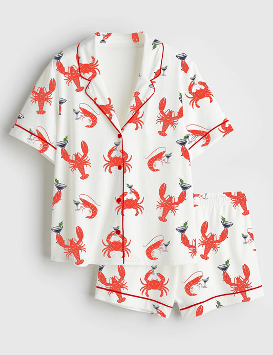 Women’s Lobster Shrimp Crab Martini Fisherman Aesthetic Old Money Aesthetic Cape Cod Nantucket Boston Maine Ocean Inspired Short Sleeve Satin Pajama Set