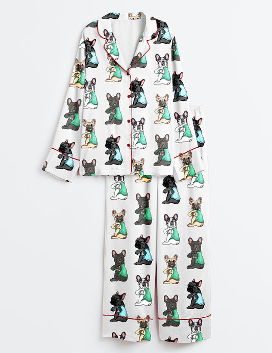 Women’s French Bulldog I Love Mom Frenchie Mom Cute Frenchie Bulldog Print Long Sleeve Satin Pajama Set