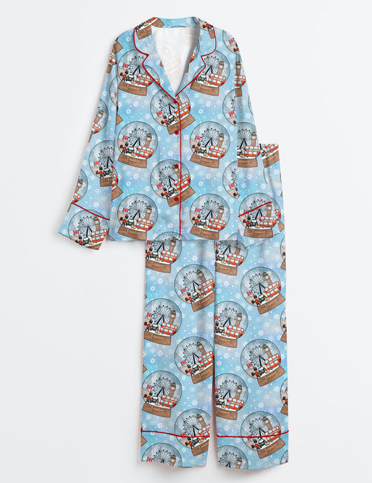 Women’s Christmas In London Floating Snow Sky London Snowglobes Long Sleeve Satin Pajama Set
