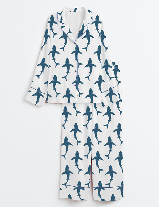 Women’s Whale Shark Ocean Animal Respect The Locals Ocean Shark Lover Print Long Sleeve Satin Pajama Set