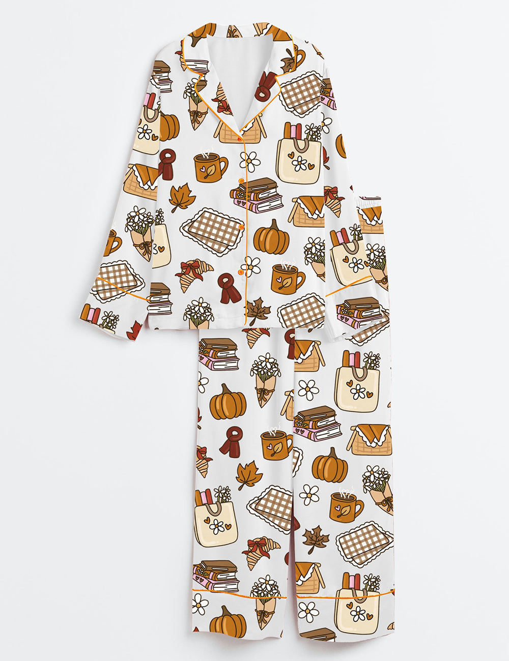 Women’s Retro Fall And Halloween Pumpkin Cozy Fall Picnic Reading Books And Coffee Print Long Sleeve Satin Pajama Set
