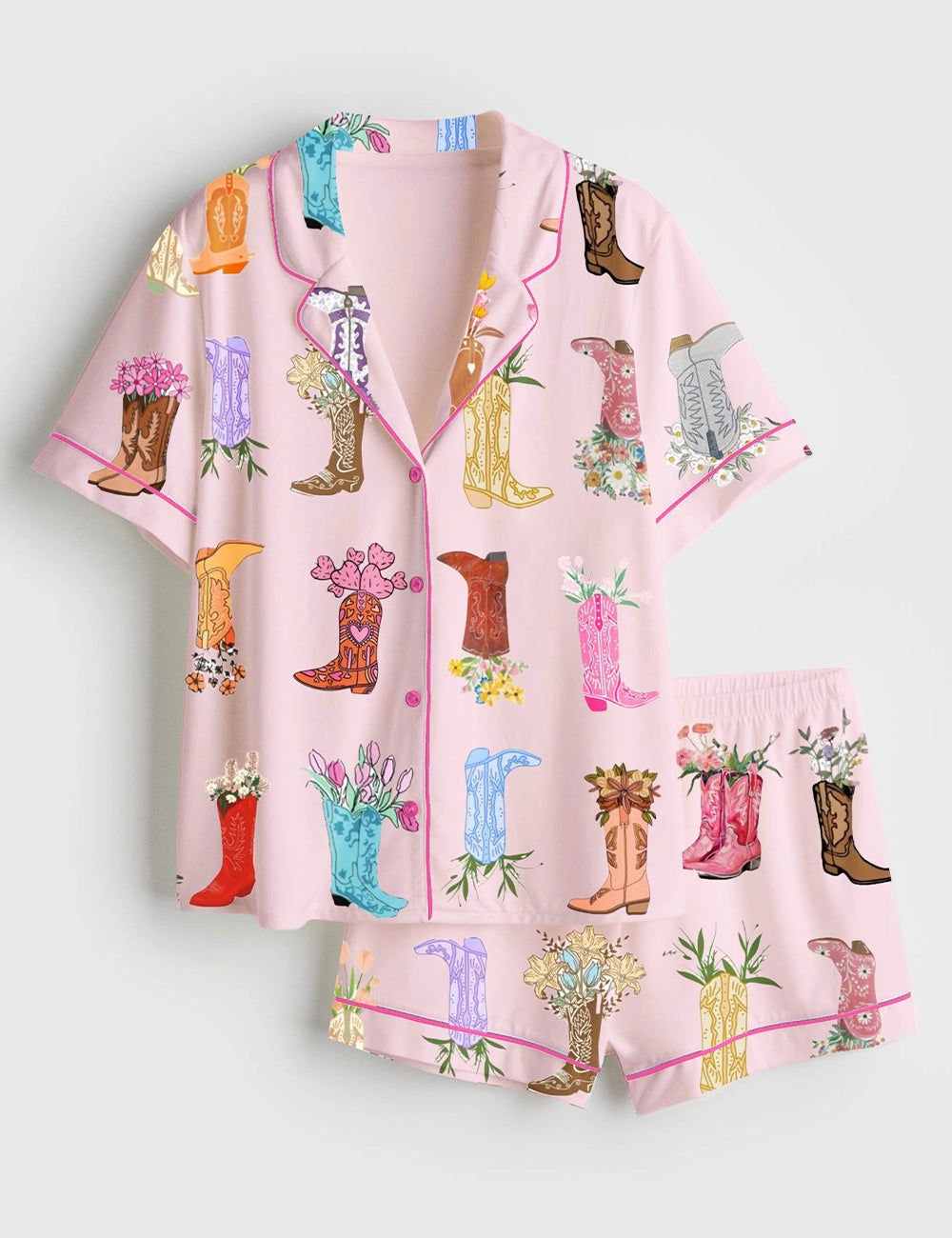 Women's Western Flower Boots Short Sleeve Satin Pajama Set