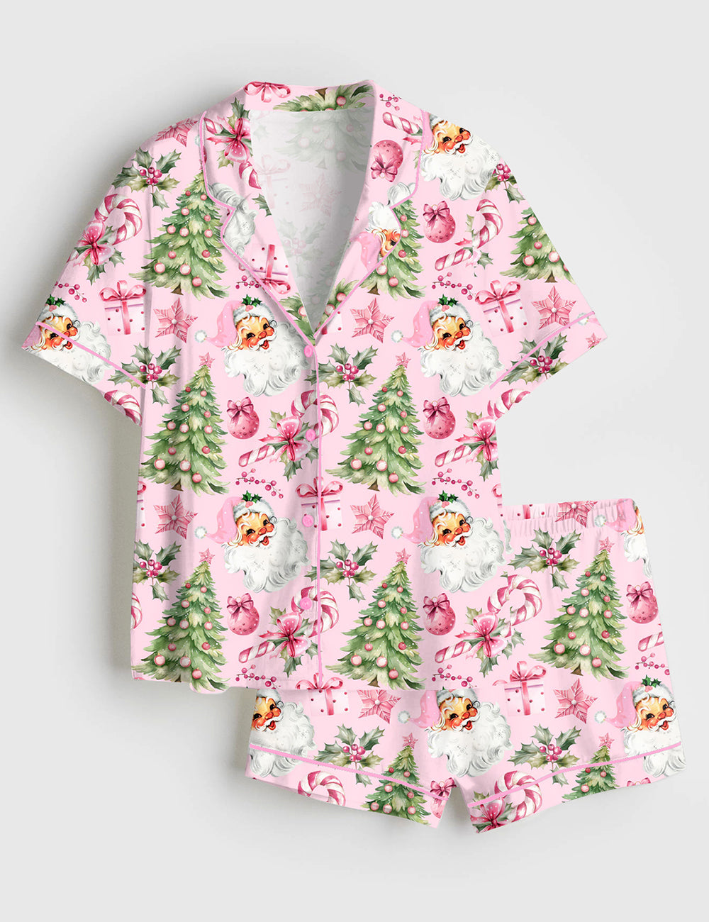Women’s Pink Christmas Santas And Trees Short Sleeve Satin Pajama Set